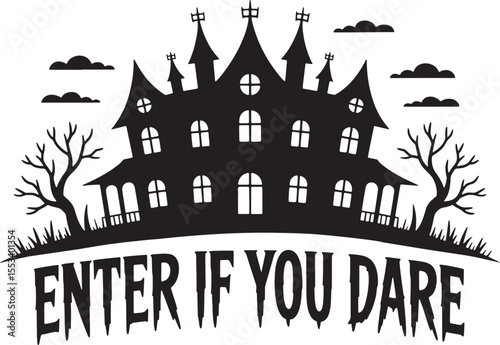 Black silhouette of a haunted house with text halloween