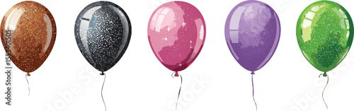 Five colorful balloons in a row against white background. The balloons are bronze, black, pink, purple and green