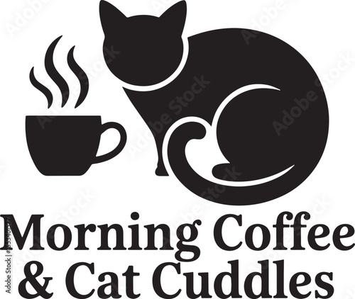 Black silhouette of cat with coffee cup and text white