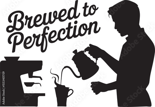 Black silhouette of man pouring coffee from kettle into mug near coffee machine vector