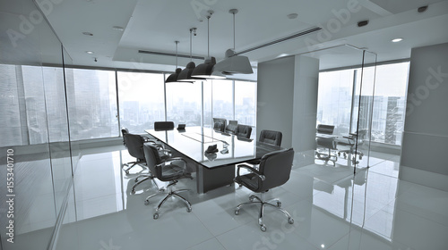 Modern office meeting room with glass table and leather chairs, conveying professionalism and corporate efficiency.