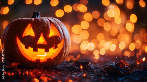 Glowing jack o lantern with festive lights for autumn celebration and spooky season decoration idea design