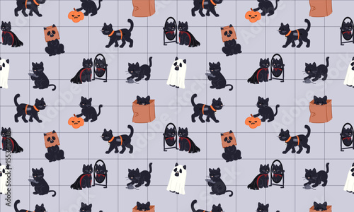 Seamless Halloween Pattern with Cute Black Cats character in thematic Costume
