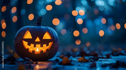 Spooky carved pumpkin with glowing lights for october celebration and autumn season festive decoration