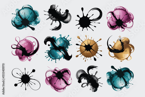 Twelve Stylized Splatter Designs in Teal, Black, Pink and Gold on a Plain Background