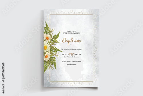 WEDDING INVITATION FRAME WITH FLOWER DECORATIONS AND FRESH LEAVES