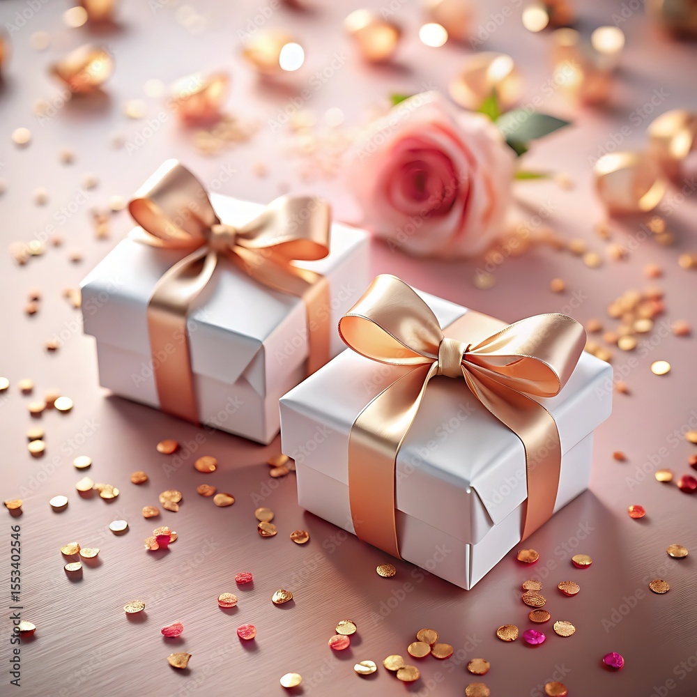 Obraz premium Two white gift boxes with gold ribbons and a pink rose are shown on a pink background