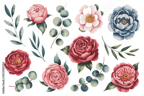 Watercolor Peonies and Eucalyptus Arrangement Floral Illustration in Pink, Red, Blue and Green