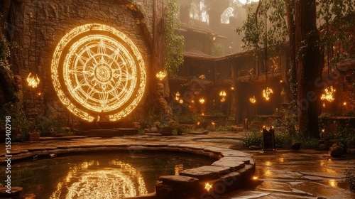 Enchanted forest interior with glowing circular symbol