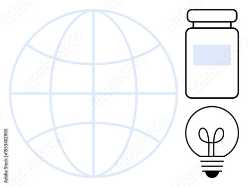 Globe symbolizing world reach, medicine jar for health focus, light bulb representing ideas. Ideal for healthcare, innovation, science, global solutions, research, technology education flat simple