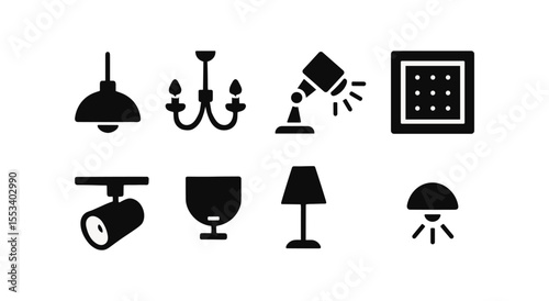 Lighting silhouette icon set. lamps, fixtures, chandeliers in black silhouette style