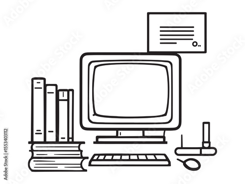 Minimalist Desktop Workspace Line Art Vector