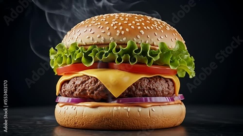 Delicious burger spinning in the center