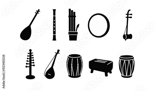 Musical instruments silhouette icon set. traditional, percussion, string silhouettes