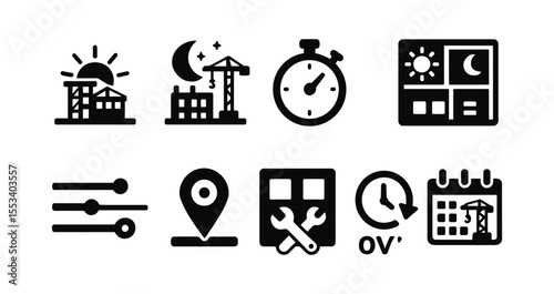 Construction, scheduling filled icon set. building and time management symbols