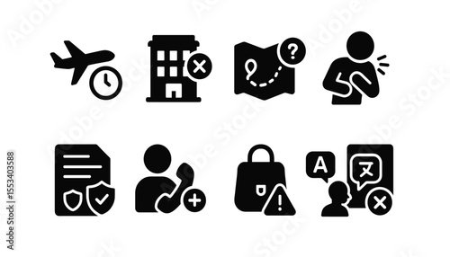 Travel and safety solid icon set. seamless journey, secure trip icons collection