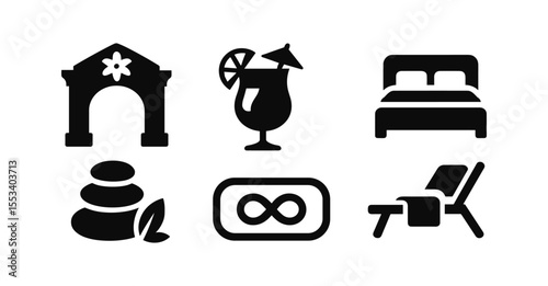 Travel and leisure solid icon set. explore vacation and relaxation essentials