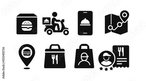 Food delivery, takeout solid icon set. restaurant, meal ordering solid icons collection