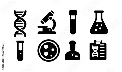 Science and research solid icon set. laboratory, chemistry, biology symbols collection
