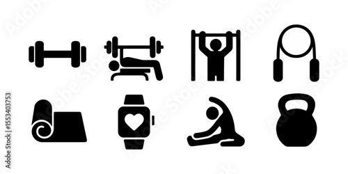 Fitness and exercise solid icon set. gym equipment, workout in solid style
