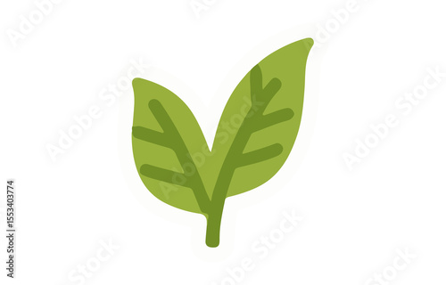 Stylized Green Leaf Illustration with Two Leaves and a Stem on Transparent Background This simple stylized