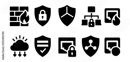 Cybersecurity, protection solid icon set. network and data security icons collection