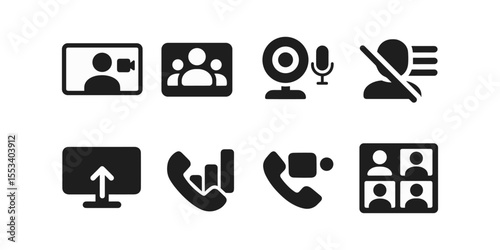 Communication and video call solid icon set. conferencing, chat solid style icons