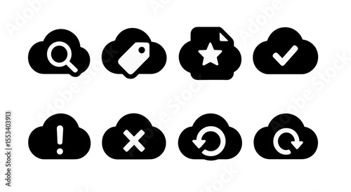 Cloud computing solid icon set. data, file management icons in solid style