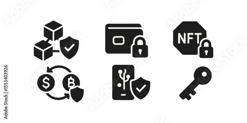 Blockchain, cryptocurrency security solid icon set. digital, technology protection icons