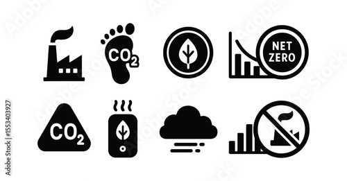 Carbon emissions solid icon set. eco impact, co2, footprint, net zero icons.