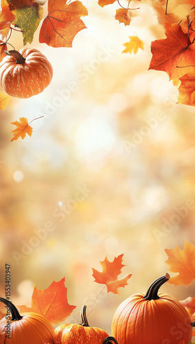 Autumn background with copy space featuring colorful fall foliage and pumpkins.