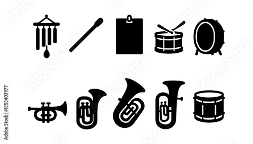 Music instrument silhouette icon set. band instruments silhouettes collection
