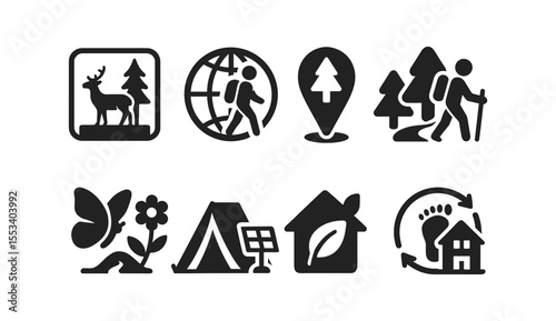 Hiking and nature silhouette icon set. adventure, outdoors, camping silhouette collection