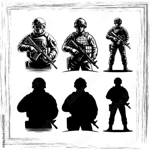 Soldier silhouette vector set