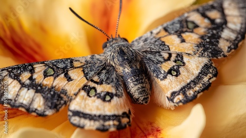 Close up of a beautiful painted lady butterfly resting on a vibrant yellow flower in a garden setting