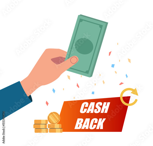 Cash back banner. Hand holding banknotes over cash back symbol. Vector illustration.