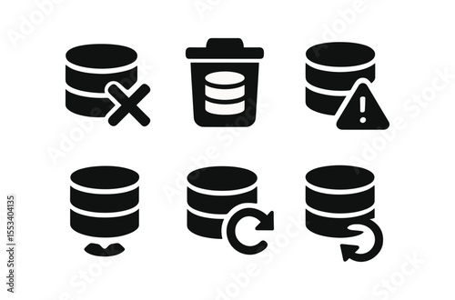 Database management solid icon set. backup, storage, and warning symbols collection