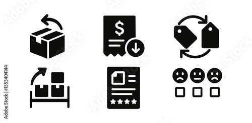 E-commerce, shopping solid icon set. returns, reviews, discounts collection