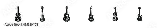 Music instruments silhouette icon set. guitar, violin, and banjo icons collection