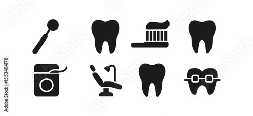 Dental care silhouette icon set. tooth, toothbrush, floss, dentist equipment silhouettes