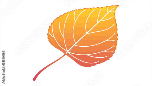 A single autumn leaf with a gradient of warm orange and yellow hues and white veins isolated on a white background