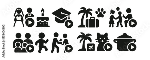 Family and travel silhouette icon set. celebrate, vacation, pet, cooking icons collection