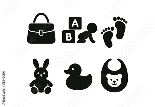Baby and toddler silhouette icon set. toys, clothing essentials in simple silhouette style