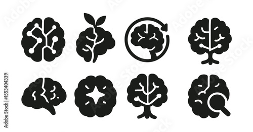 Brain science silhouette icon set. neuroscience, psychology symbols in silhouette style