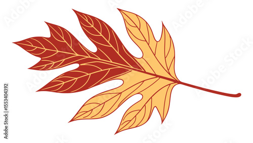 Stylized illustration of a single multi lobed leaf with red and yellow coloring and dark red veins on a white background