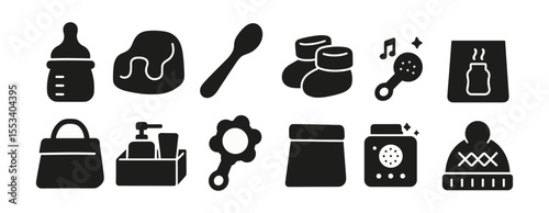 Baby essentials solid icon set. feeding, toys, clothing, and accessories icons