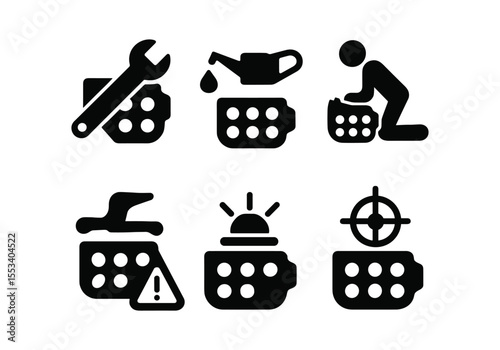 Automotive maintenance solid icon set. car repair, oil change, tool, safety symbols