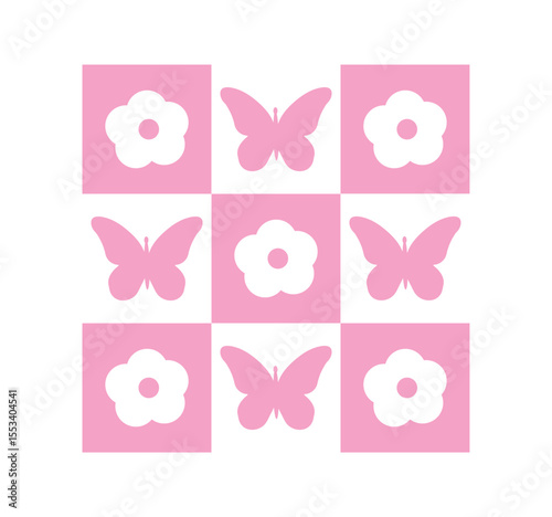 butterfly, flower, abstract cute pattern of pink daisies. trendy plaid, cute graphic in modern style. for print, advertising, wrapping paper, web, social media. vector art illustration. naive design