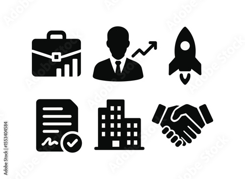 Business and startup solid icon set: growth, success, innovation, partnership icons