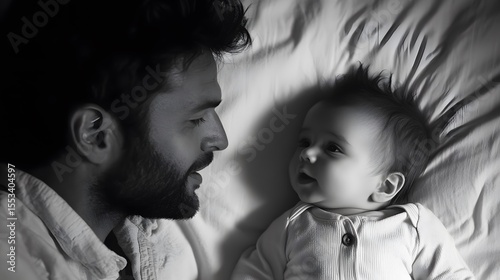 Father and infant bonding moment grayscale photography family love newborn baby care parenthood togetherness